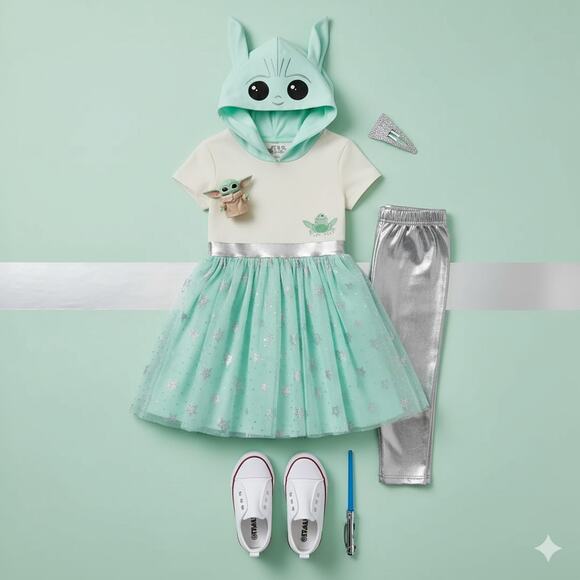 Star Wars The Mandalorian “The Child” Grogu Hooded Tutu Cosplay Dress Size 7/8 - Picture 1 of 9